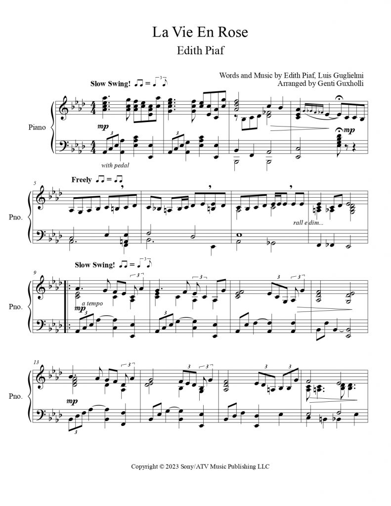 Edith Piaf La Vie En Rose Piano Solo Littlesheetmusic