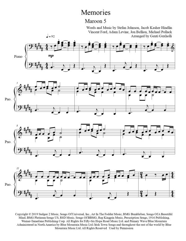 Maroon 5 - Memories (Piano Solo) - Image 2