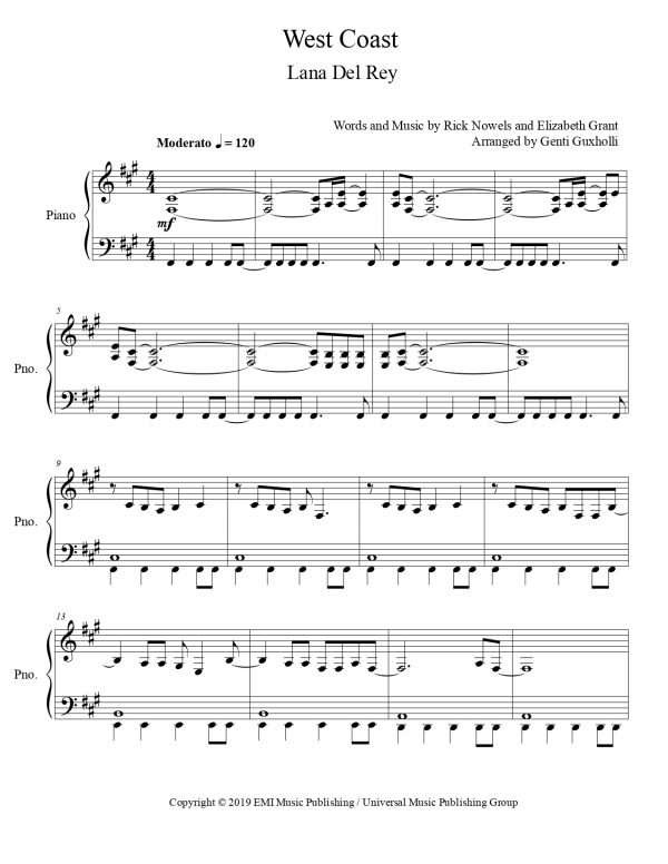 Lana Del Rey - West Coast (Piano Solo) - Image 2