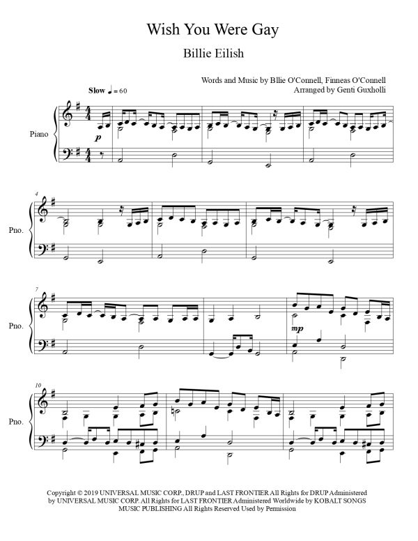 Billie Eilish - Wish You Were Gay (Piano Solo) - Image 2