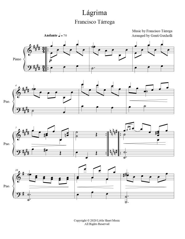 Francisco Tárrega - Lágrima (Tear) (Piano Solo) - Image 2