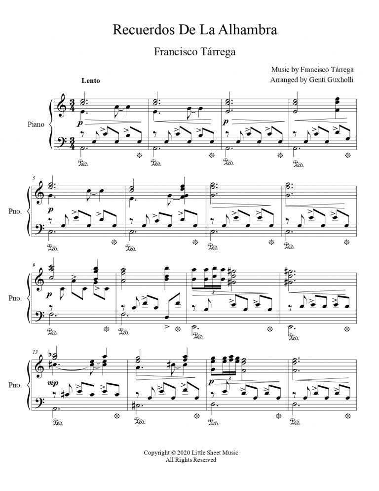 Cover image for Francisco Tárrega – Recuerdos de la Alhambra presented as a piano solo sheet music arrangement.